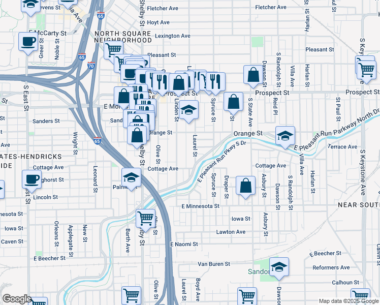 map of restaurants, bars, coffee shops, grocery stores, and more near 1416 Laurel Street in Indianapolis