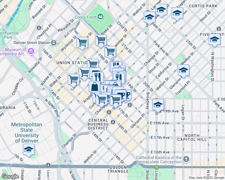 map of restaurants, bars, coffee shops, grocery stores, and more near 1776 Curtis Street in Denver