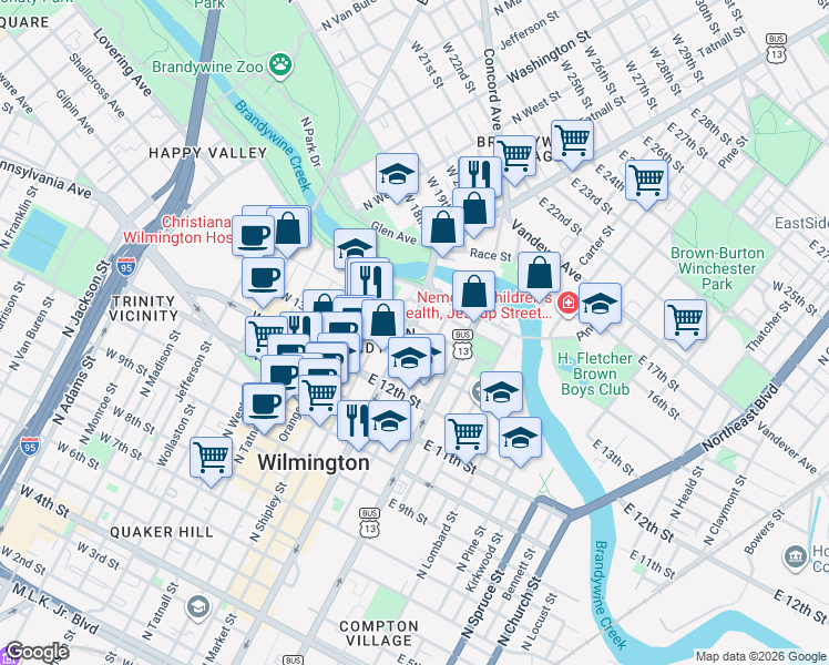 map of restaurants, bars, coffee shops, grocery stores, and more near 1330 North King Street in Wilmington