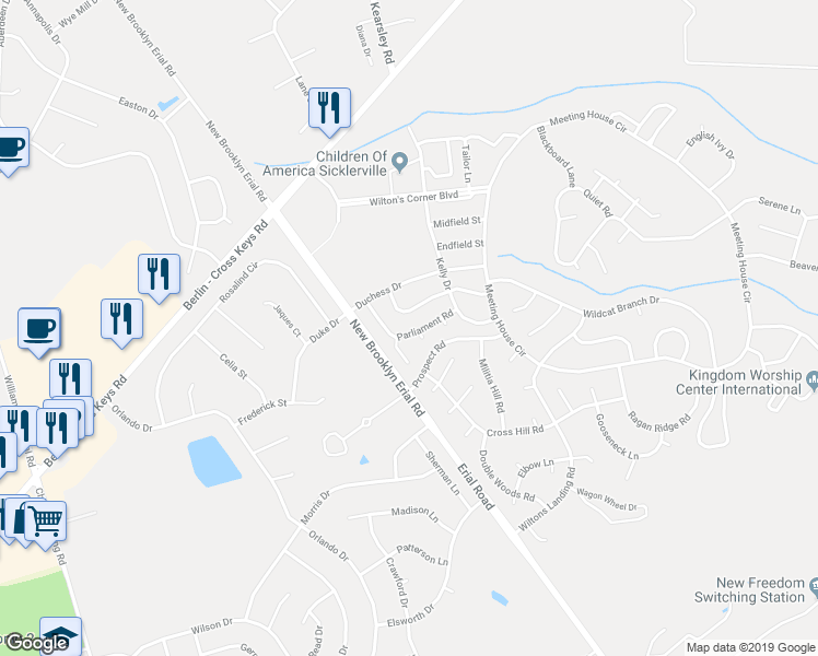 map of restaurants, bars, coffee shops, grocery stores, and more near 16 Parliament Road in Sicklerville