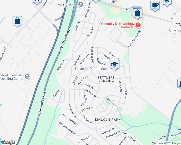 map of restaurants, bars, coffee shops, grocery stores, and more near 1 Nautilus Avenue in Barnegat Township