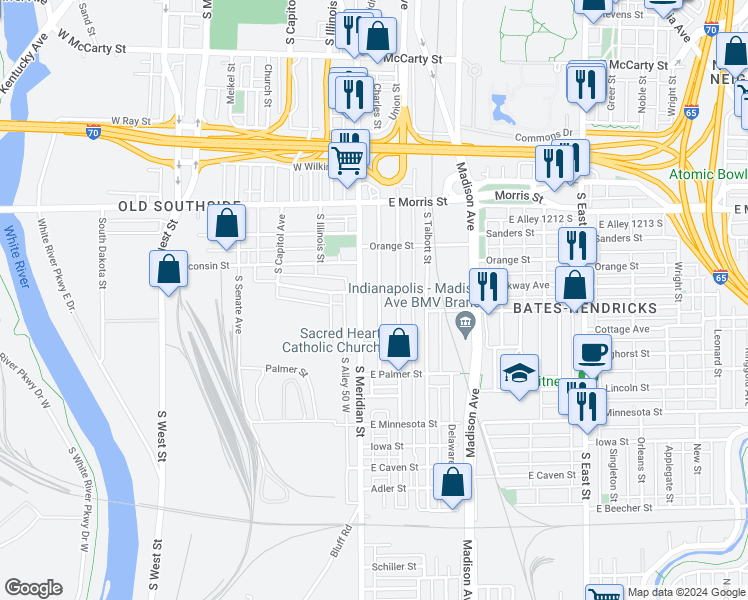 map of restaurants, bars, coffee shops, grocery stores, and more near 1410 Charles Street in Indianapolis