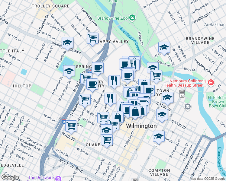 map of restaurants, bars, coffee shops, grocery stores, and more near 1105 Jefferson Street in Wilmington