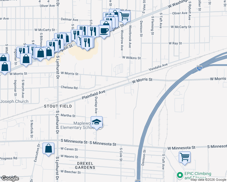 map of restaurants, bars, coffee shops, grocery stores, and more near 4807 Plainfield Avenue in Indianapolis