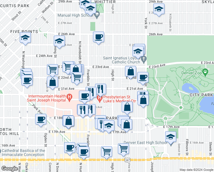 map of restaurants, bars, coffee shops, grocery stores, and more near 2110 North Williams Street in Denver