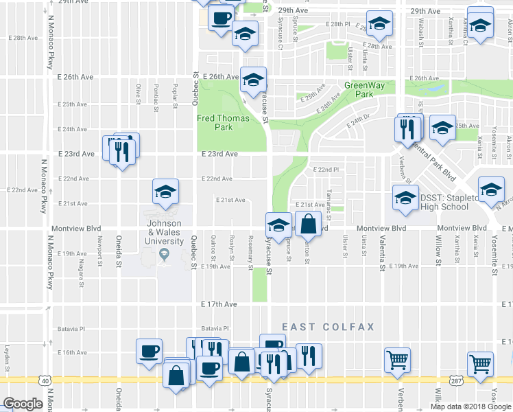 map of restaurants, bars, coffee shops, grocery stores, and more near 2050 Rosemary Street in Denver
