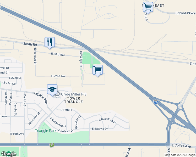 map of restaurants, bars, coffee shops, grocery stores, and more near 2200 Himalaya Road in Aurora
