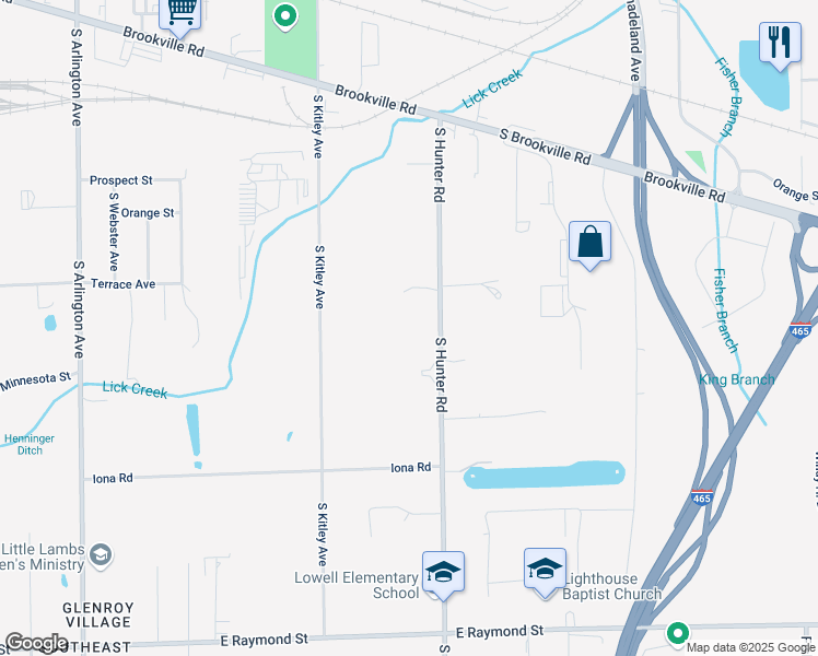 map of restaurants, bars, coffee shops, grocery stores, and more near 1538 South Hunter Road in Indianapolis