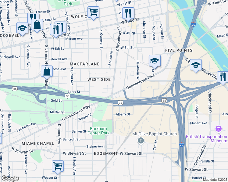 map of restaurants, bars, coffee shops, grocery stores, and more near 488 South Broadway Street in Dayton