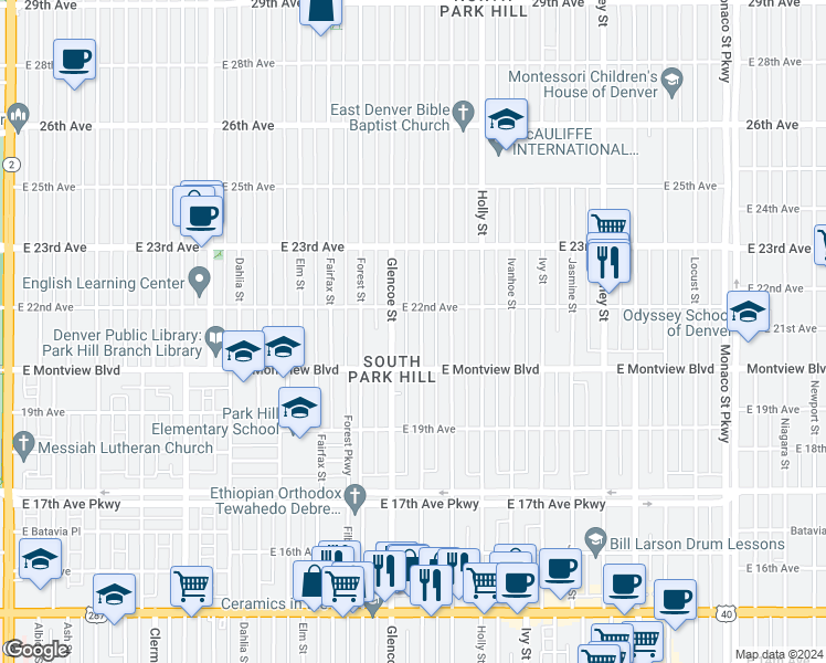 map of restaurants, bars, coffee shops, grocery stores, and more near 2057 Grape Street in Denver