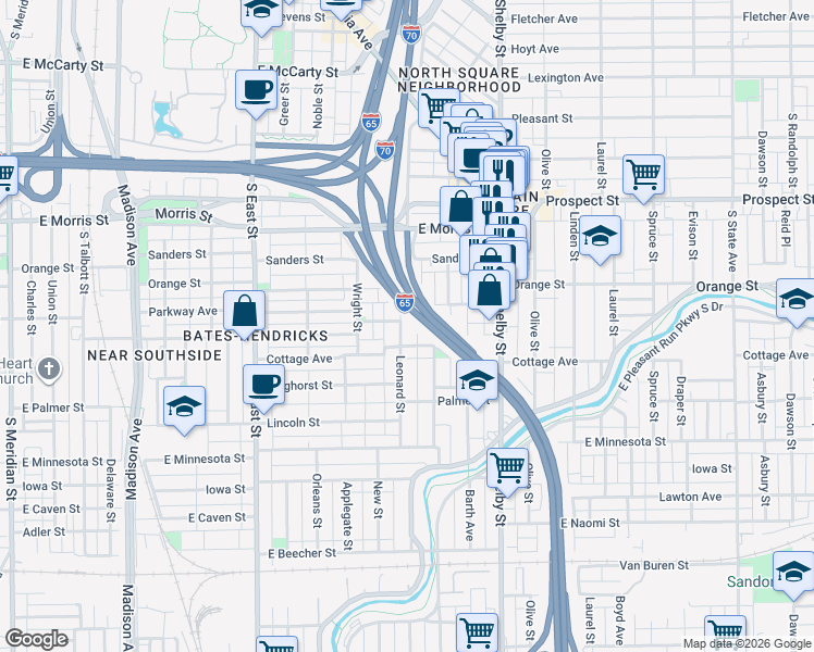 map of restaurants, bars, coffee shops, grocery stores, and more near 1401 Leonard St in Indianapolis