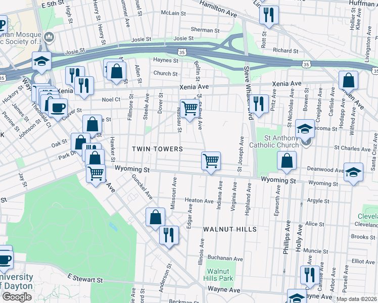 map of restaurants, bars, coffee shops, grocery stores, and more near 1138 Beaumont Avenue in Dayton