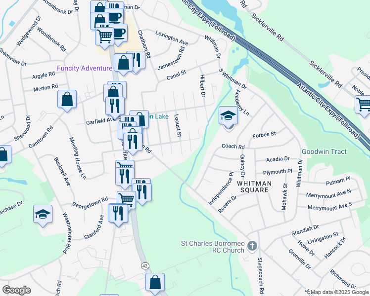 map of restaurants, bars, coffee shops, grocery stores, and more near 105 Locust Street in Washington Township