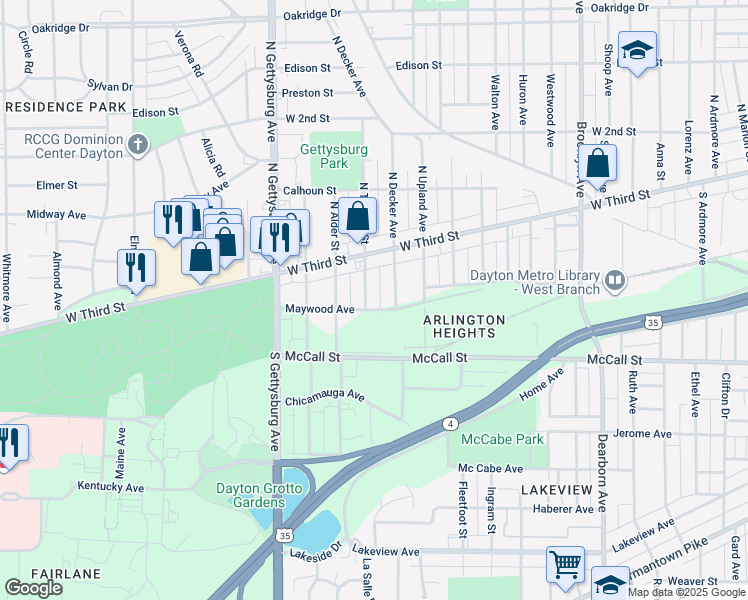 map of restaurants, bars, coffee shops, grocery stores, and more near 58 S Trenton St in Dayton