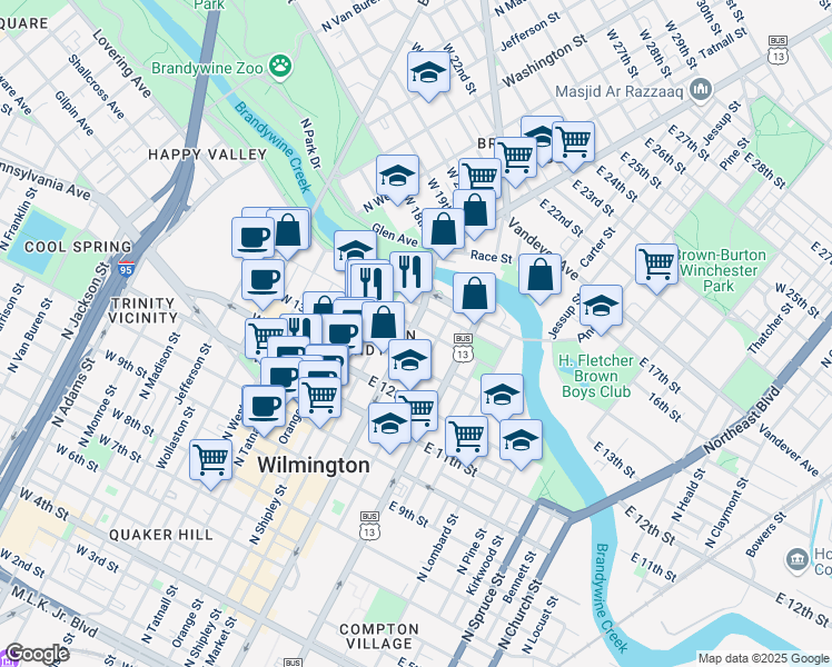 map of restaurants, bars, coffee shops, grocery stores, and more near 1330 North King Street in Wilmington