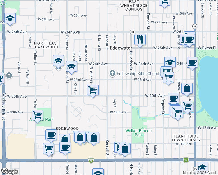 map of restaurants, bars, coffee shops, grocery stores, and more near 2050 Kendall Street in Edgewater