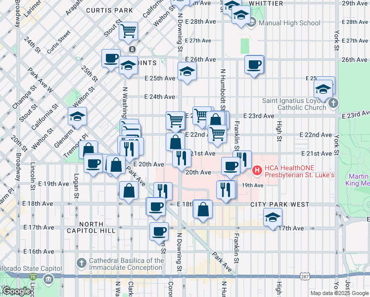 map of restaurants, bars, coffee shops, grocery stores, and more near 2100 North Downing Street in Denver