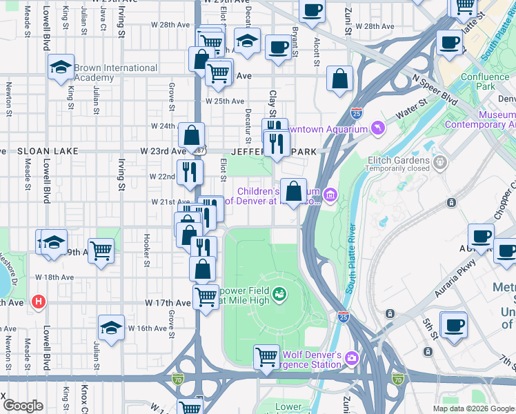 map of restaurants, bars, coffee shops, grocery stores, and more near 2777 Mile High Stadium Circle in Denver