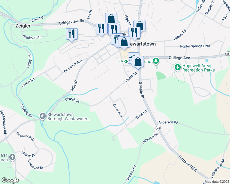 map of restaurants, bars, coffee shops, grocery stores, and more near 28 Church Street in Stewartstown