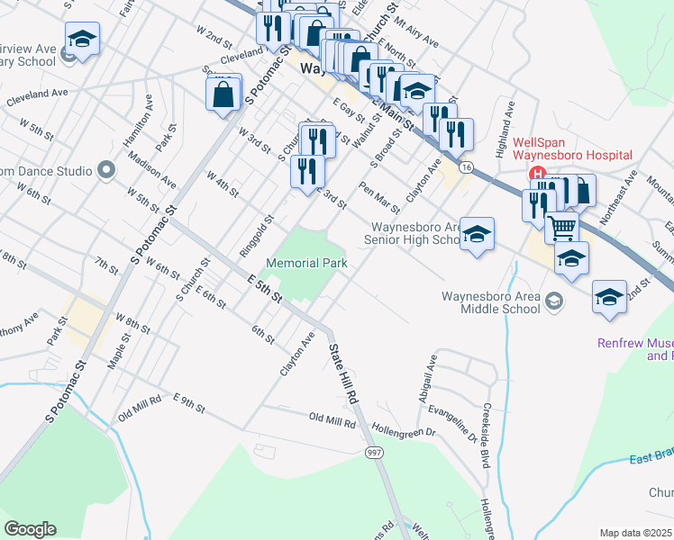 map of restaurants, bars, coffee shops, grocery stores, and more near 301 Memorial Park Drive in Waynesboro