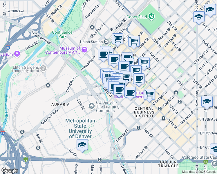 map of restaurants, bars, coffee shops, grocery stores, and more near 1440 Market Street in Denver