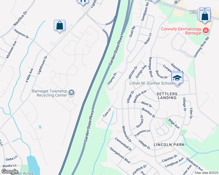 map of restaurants, bars, coffee shops, grocery stores, and more near 43 Osprey Place in Barnegat Township