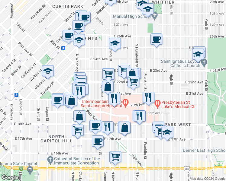 map of restaurants, bars, coffee shops, grocery stores, and more near 2100 Downing Street in Denver