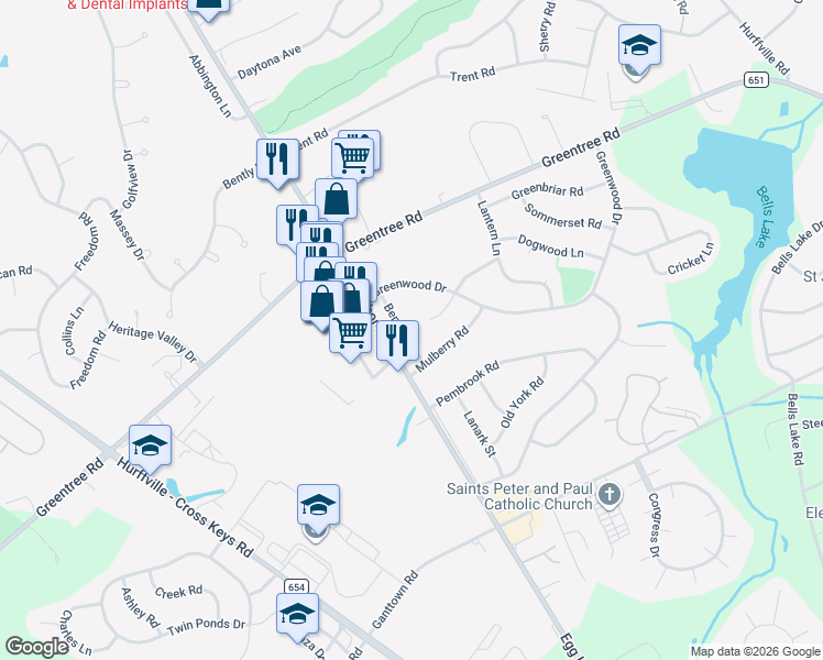 map of restaurants, bars, coffee shops, grocery stores, and more near 13 Benner Road in Washington Township