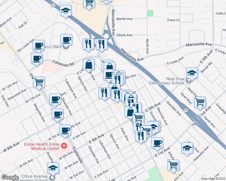 map of restaurants, bars, coffee shops, grocery stores, and more near 1803 Mangrove Avenue in Chico