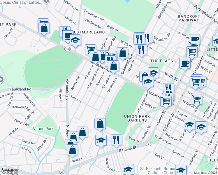 map of restaurants, bars, coffee shops, grocery stores, and more near 31 Colonial Avenue in Wilmington