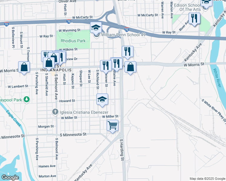 map of restaurants, bars, coffee shops, grocery stores, and more near 1332 Blaine Avenue in Indianapolis