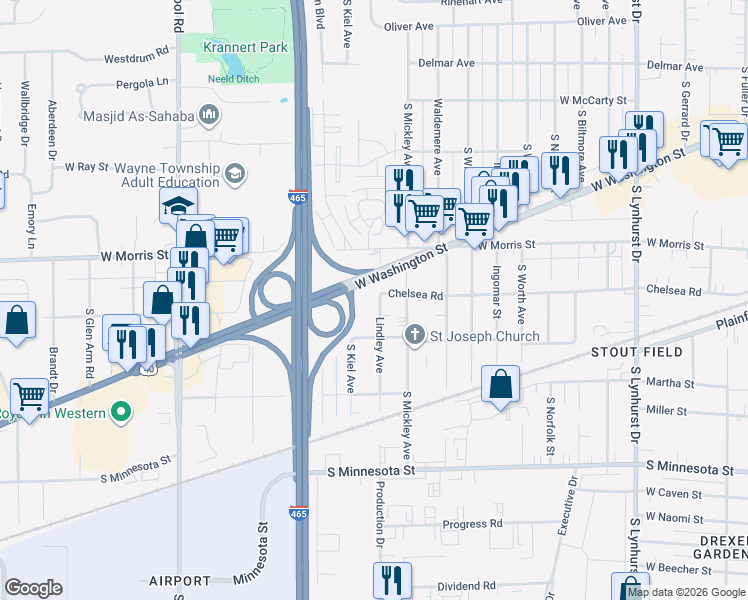 map of restaurants, bars, coffee shops, grocery stores, and more near 1302 Lindley Avenue in Indianapolis