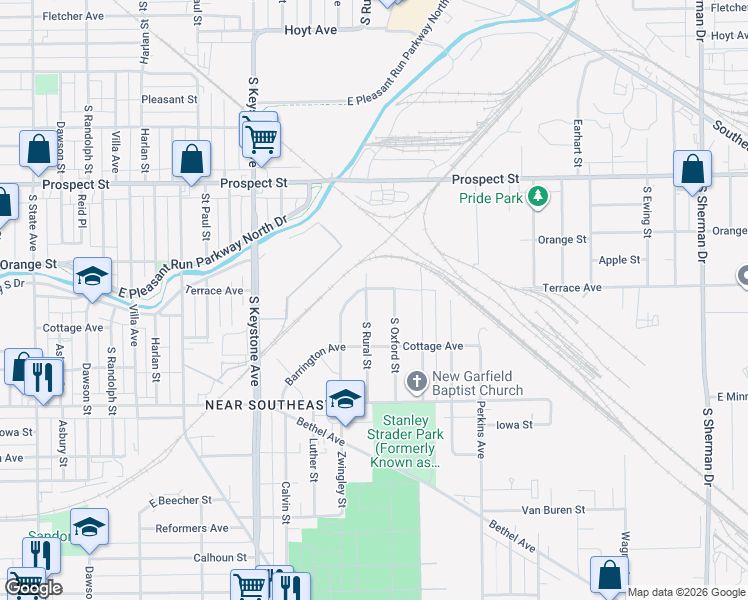 map of restaurants, bars, coffee shops, grocery stores, and more near 1413 South Rural Street in Indianapolis