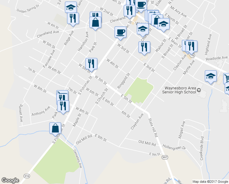 map of restaurants, bars, coffee shops, grocery stores, and more near 402 Ringgold Street in Waynesboro