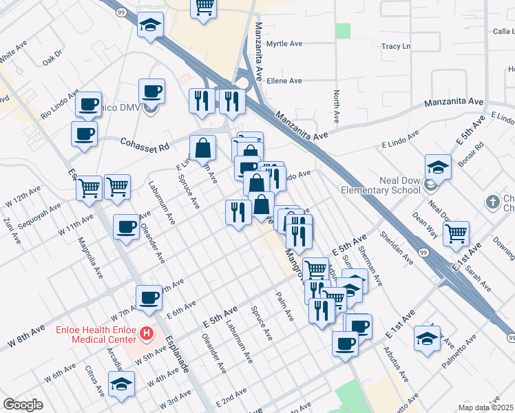 map of restaurants, bars, coffee shops, grocery stores, and more near 1803 Mangrove Avenue in Chico