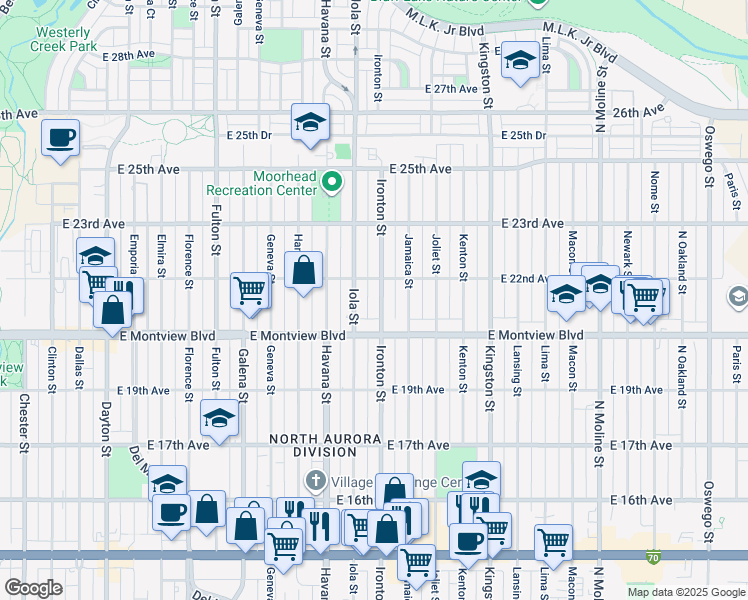 map of restaurants, bars, coffee shops, grocery stores, and more near 2041 Ironton Street in Aurora