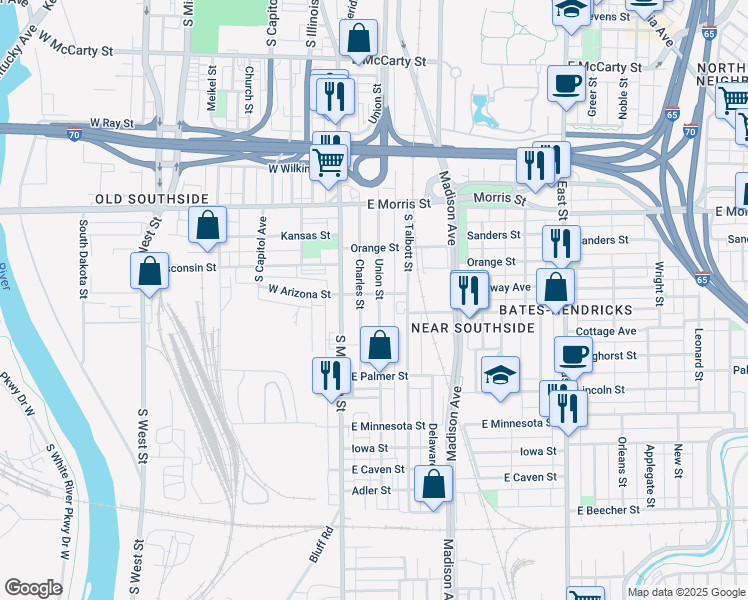 map of restaurants, bars, coffee shops, grocery stores, and more near 1408 Union Street in Indianapolis