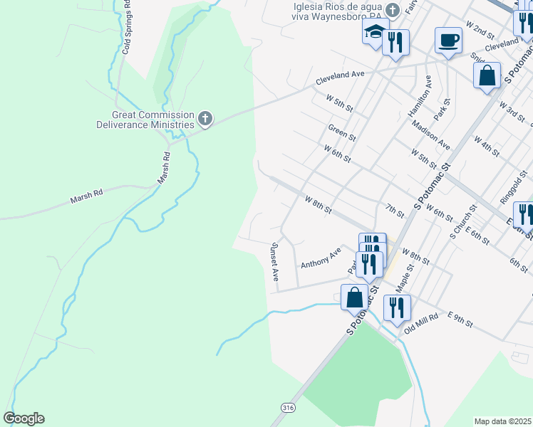map of restaurants, bars, coffee shops, grocery stores, and more near 900 Wayne Gardens Court in Waynesboro