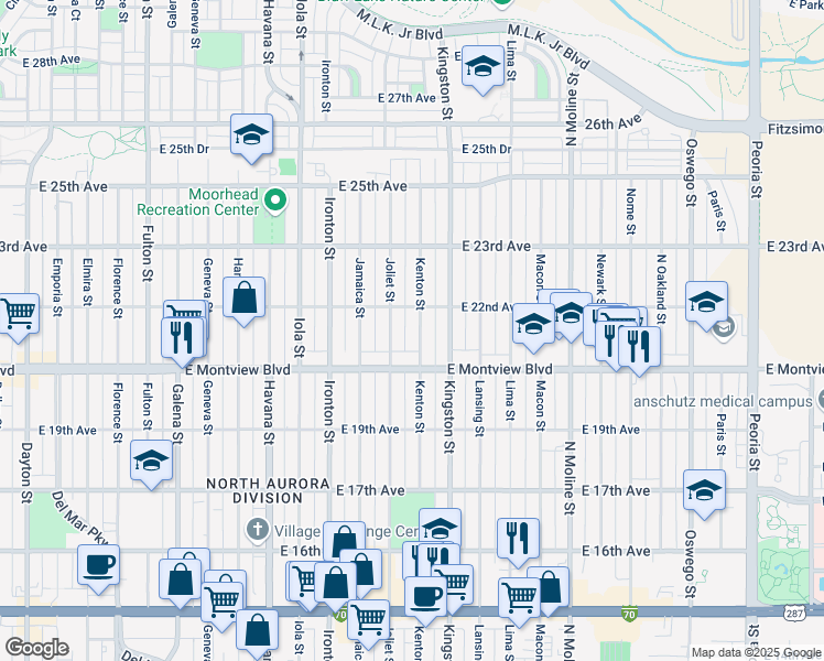 map of restaurants, bars, coffee shops, grocery stores, and more near 2049 Kenton Street in Aurora