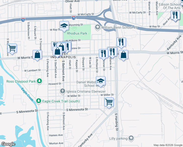 map of restaurants, bars, coffee shops, grocery stores, and more near 1321 West Lee Street in Indianapolis