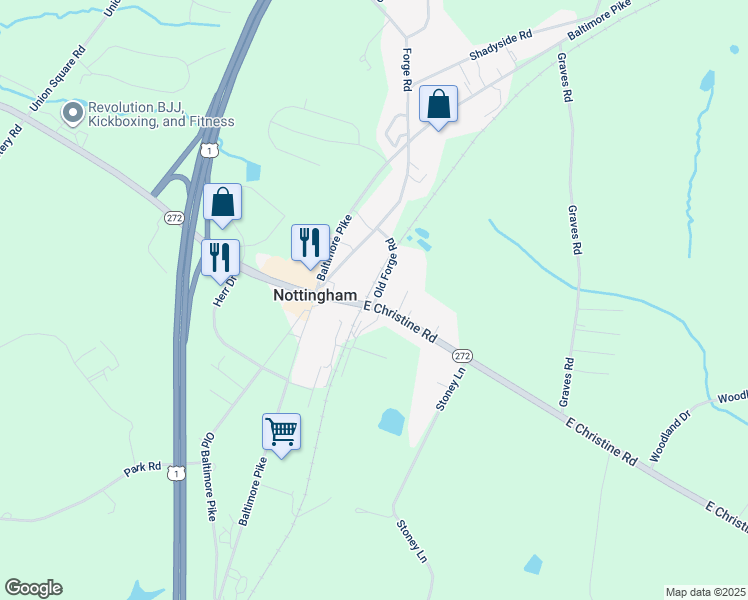 map of restaurants, bars, coffee shops, grocery stores, and more near 1 Old Forge Road in Nottingham