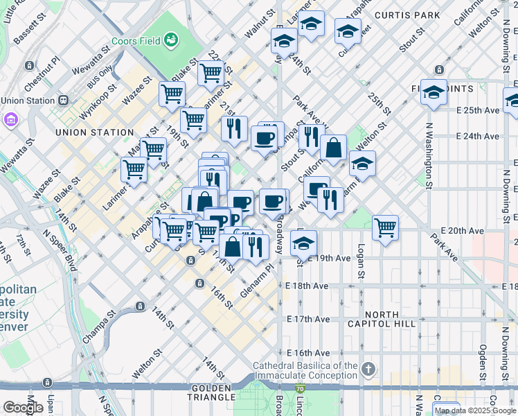 map of restaurants, bars, coffee shops, grocery stores, and more near 721 19th Street in Denver