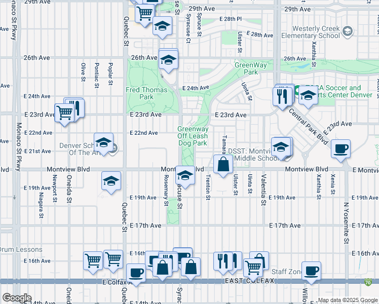 map of restaurants, bars, coffee shops, grocery stores, and more near 2176 Spruce Street in Denver