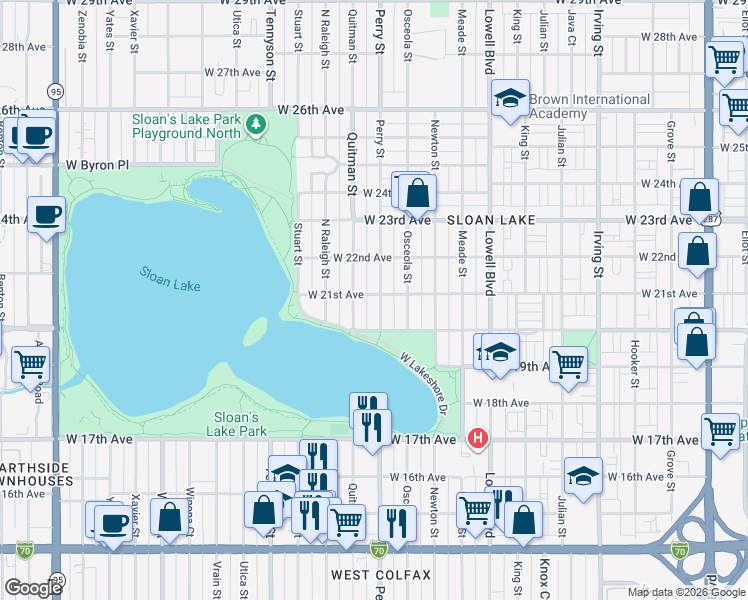 map of restaurants, bars, coffee shops, grocery stores, and more near 2050 Perry Street in Denver