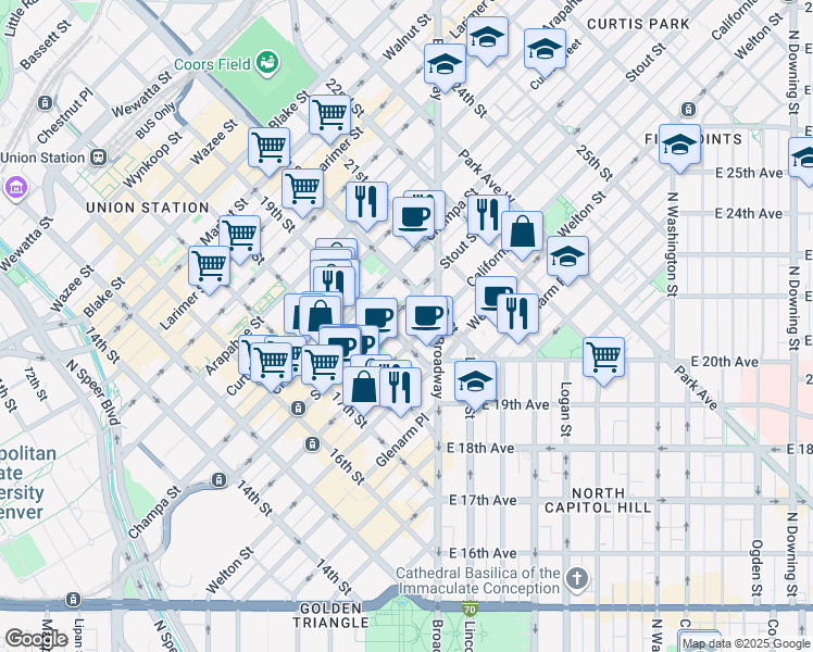 map of restaurants, bars, coffee shops, grocery stores, and more near 721 19th Street in Denver