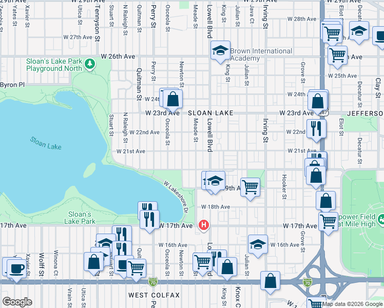 map of restaurants, bars, coffee shops, grocery stores, and more near 2047 Meade Street in Denver