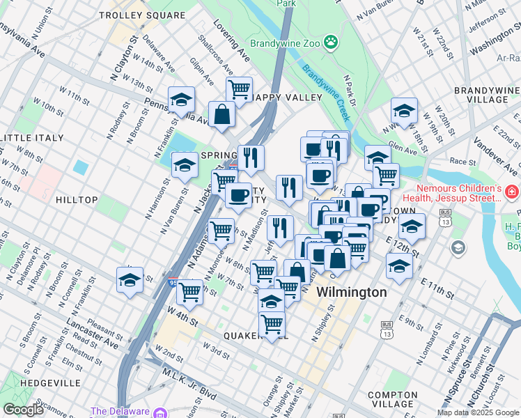 map of restaurants, bars, coffee shops, grocery stores, and more near 612W West 11th Street in Wilmington