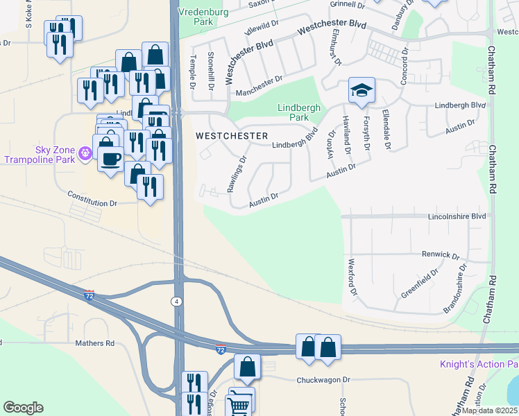 map of restaurants, bars, coffee shops, grocery stores, and more near 2602 Austin Drive in Springfield