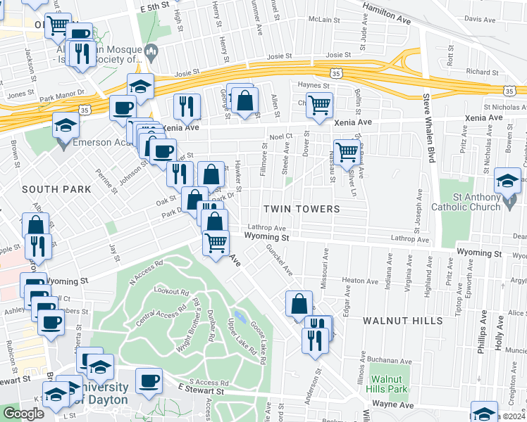 map of restaurants, bars, coffee shops, grocery stores, and more near 234 Fillmore Street in Dayton