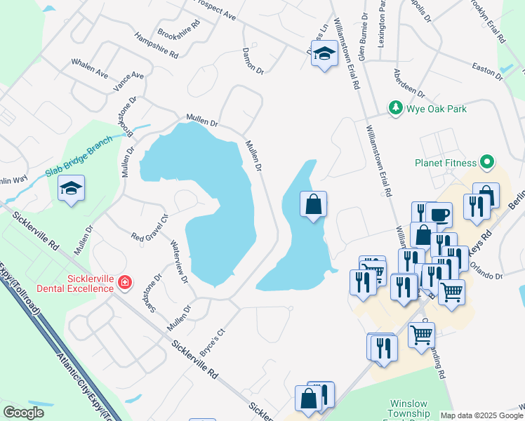map of restaurants, bars, coffee shops, grocery stores, and more near 57 Mullen Drive in Sicklerville